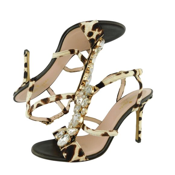 KATE SPADE Leopard Print Calf Hair Crystal Vamp Caged Sling Heel Sandals 8 - Picture 5 of 7